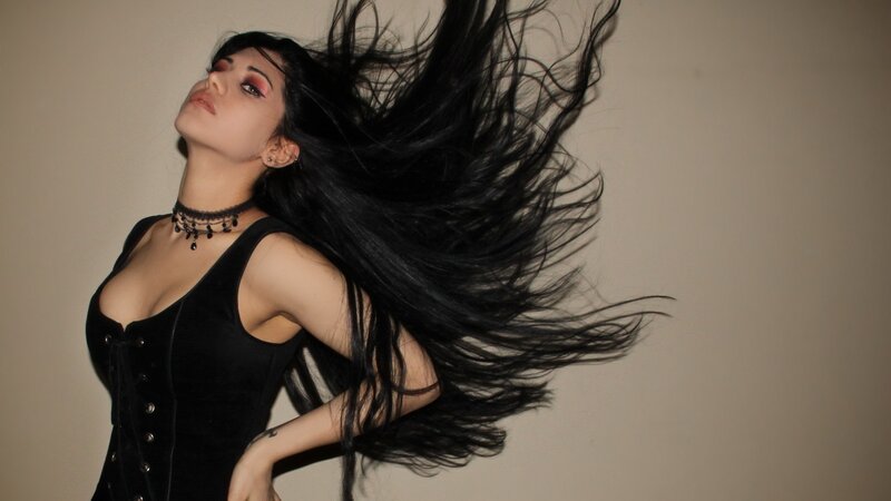 Woman with Long Black Hair — Dramatic, Photograph, Choker, Black Top