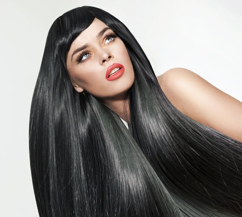 Woman with Long Black Hair — Dramatic, Photograph, Red Lipstick, Blue Eyes
