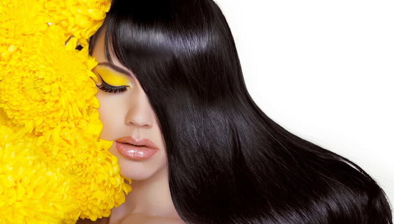 Woman with Long Black Hair — Dramatic, Photograph, Yellow Flowers