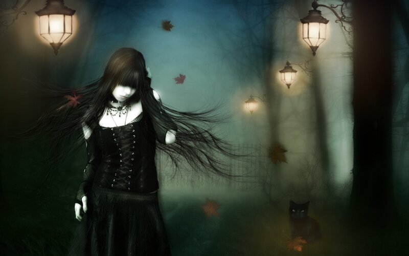 Woman with Long Black Hair — Mysterious, Night, Digital Art