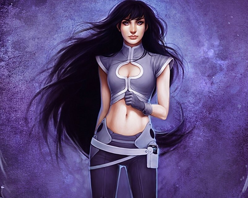 Woman with Long Black Hair — Purple, Dramatic, Digital Art, Long Hair