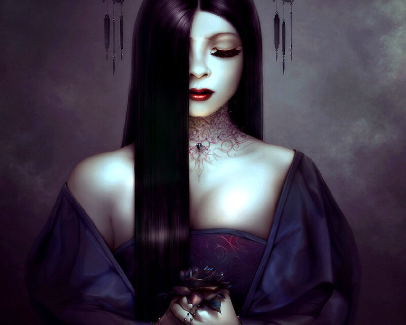 Woman with Long Black Hair — Purple, Dramatic, Digital Art, Rose