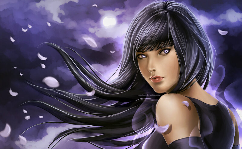 Woman with Long Black Hair — Purple, Dramatic, Night, Digital Art