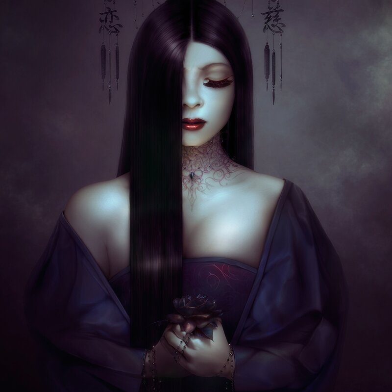 Woman with Long Black Hair — Purple, Dramatic