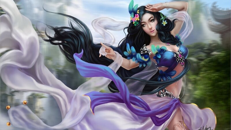 Woman with Long Black Hair — Purple, Dynamic, Digital Art
