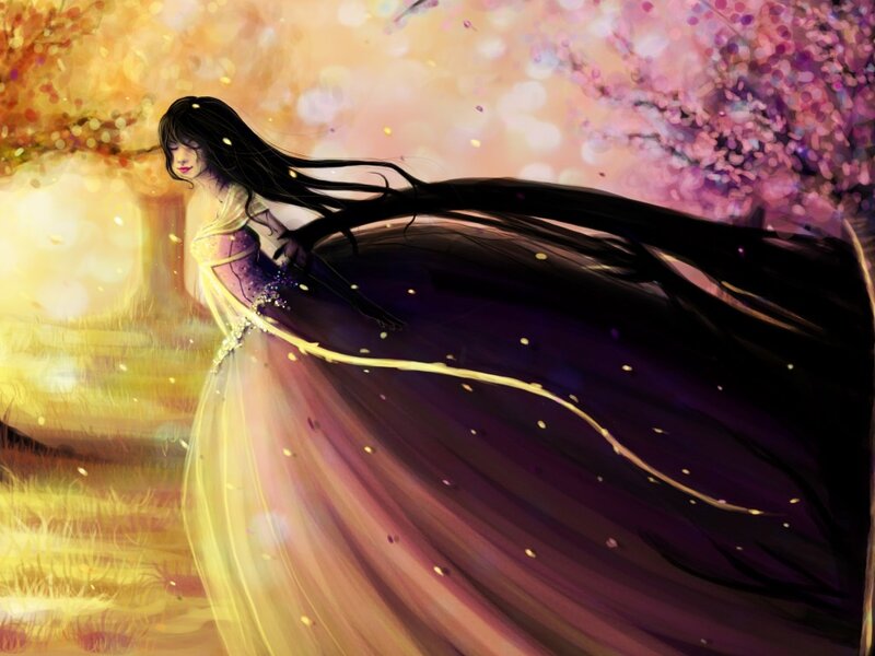 Woman with Long Black Hair — Purple, Serene, Spring
