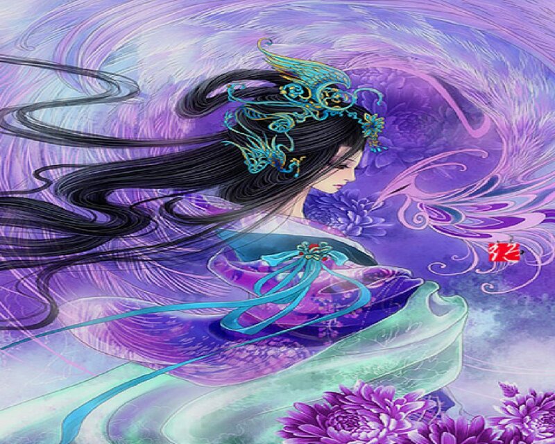 Woman with Long Black Hair — Purple, Serene