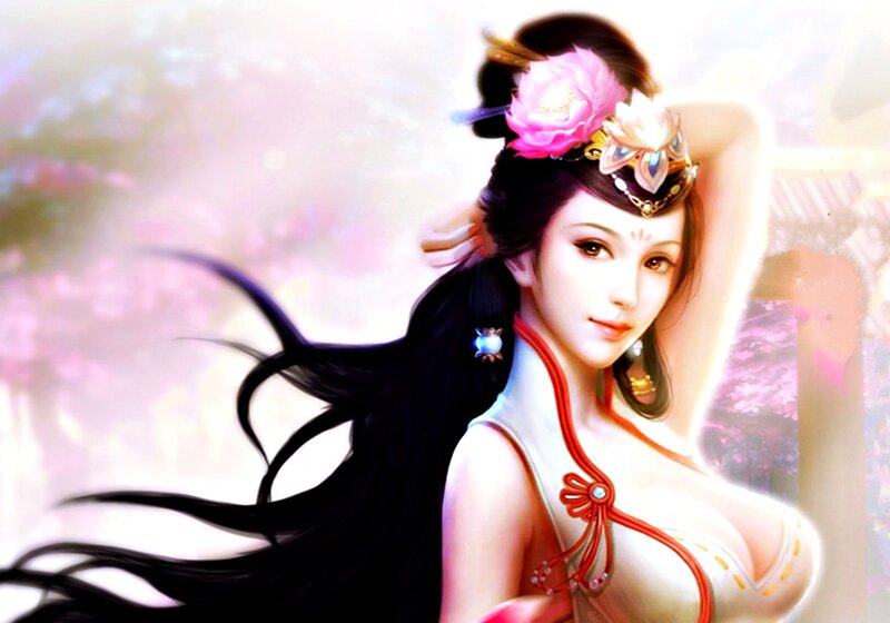 Woman with Long Black Hair — White, Serene, Digital Art
