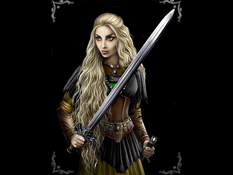 Woman with Long Blonde Hair — Black, Dramatic, Digital Art, Sword