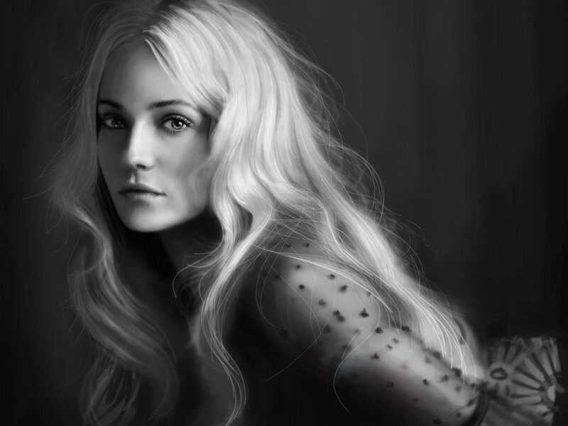 Woman with Long Blonde Hair — Black, Dramatic, Digital Art