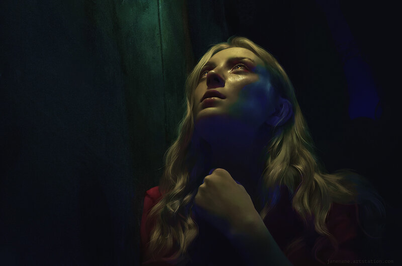 Woman with Long Blonde Hair — Blue, Dramatic, Night, Digital Art, Wall