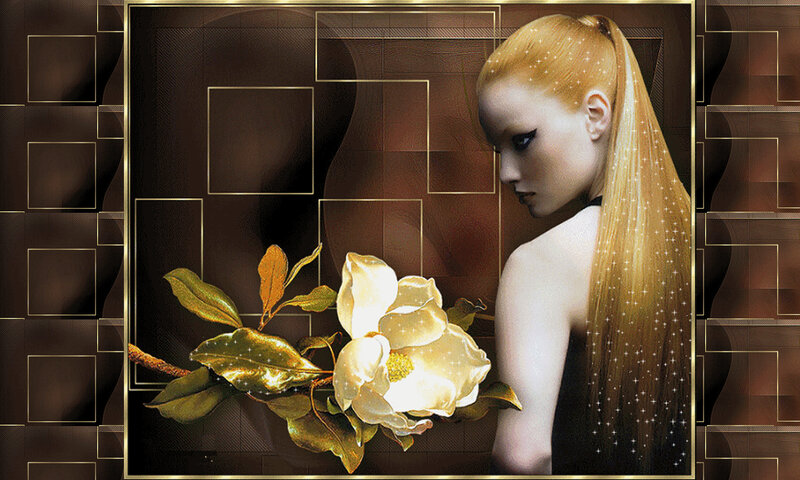 Woman with Long Blonde Hair — Brown, Dramatic, Digital Art, Flower