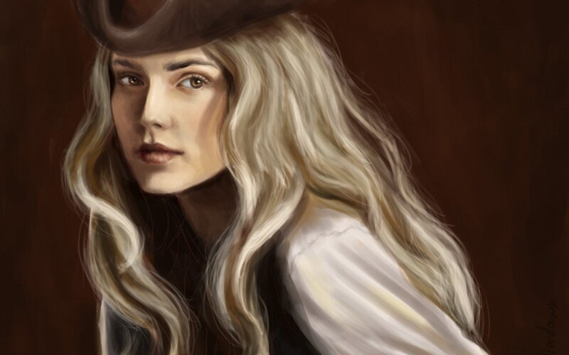 Woman with Long Blonde Hair — Brown, Dramatic, Digital Art, Hat