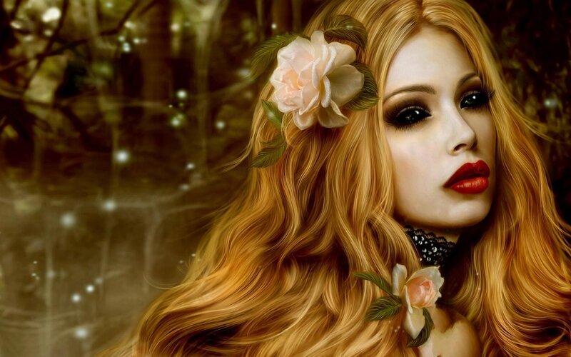 Woman with Long Blonde Hair — Dramatic, Digital Art, Flower