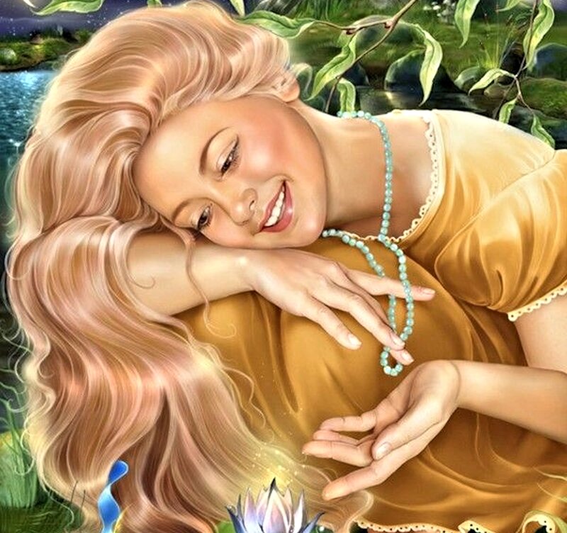 Woman with Long Blonde Hair — Gold, Serene, Night