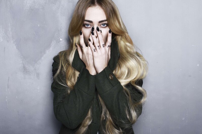 Woman with Long Blonde Hair — Gray, Dramatic, Photograph, Hands