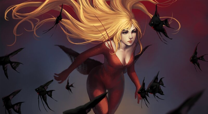 Woman with Long Blonde Hair — Red, Dramatic, Digital Art, Black Fish
