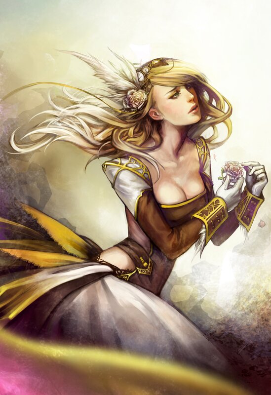 Woman with Long Blonde Hair — White, Dramatic, Digital Art, Flower