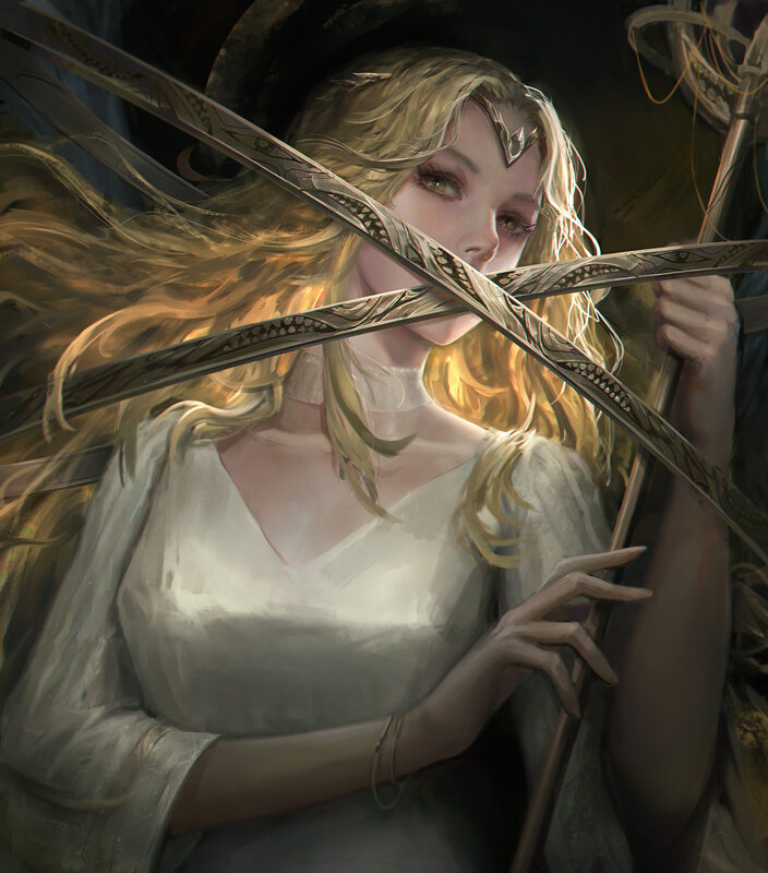 Woman with Long Blonde Hair — White, Dramatic, Digital Art, Sword