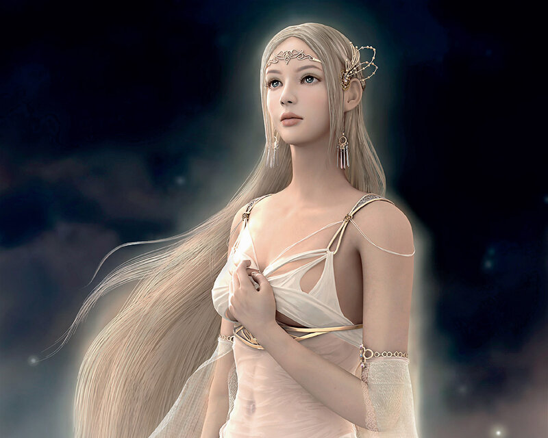 Woman with Long Blonde Hair — White, Serene, Night, 3d Render