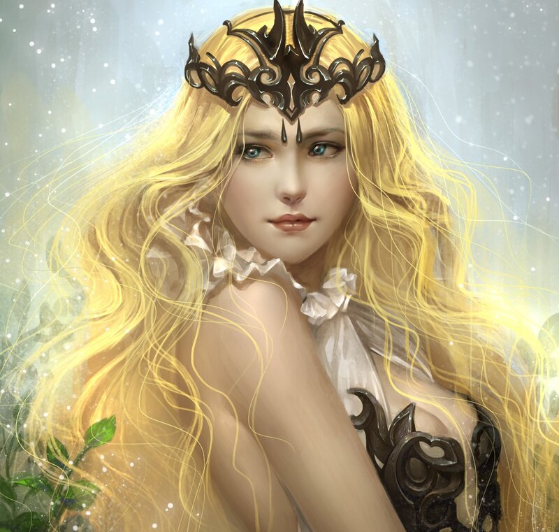 Woman with Long Blonde Hair — Yellow, Serene, Digital Art, Crown