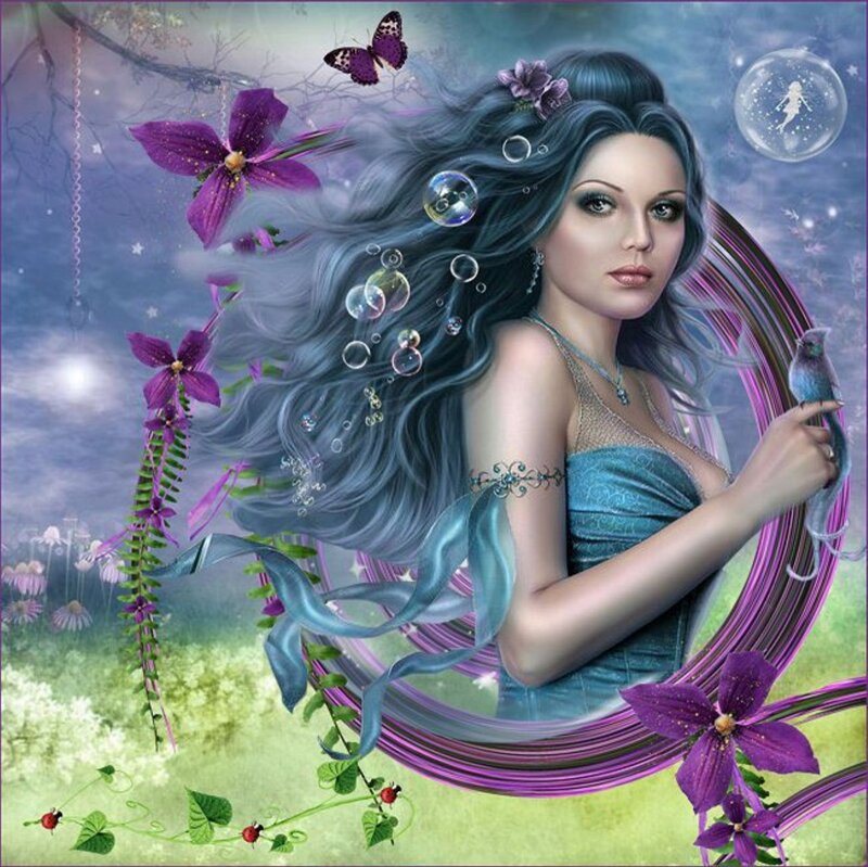 Woman with Long Blue Hair — Purple, Fantasy