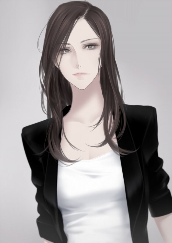 Woman with Long Brown Hair — Black, Neutral, Digital Art