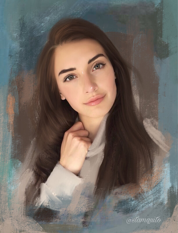 Woman with Long Brown Hair — Blue, Calm, Digital Art
