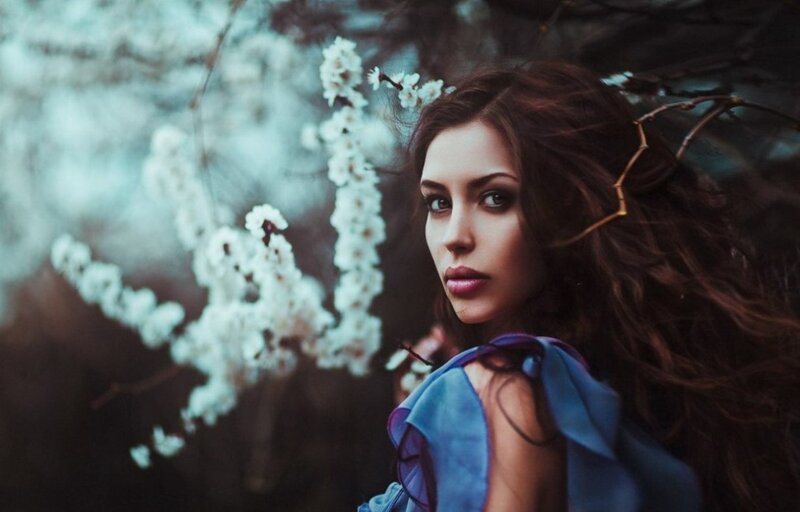 Woman with Long Brown Hair — Blue, Dramatic, Spring