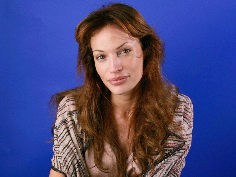 Woman with Long Brown Hair — Blue, Neutral, Photograph, Blue Background, Striped Top
