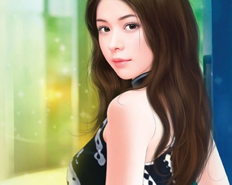 Woman with Long Brown Hair — Calm, Afternoon, Digital Art, Dress