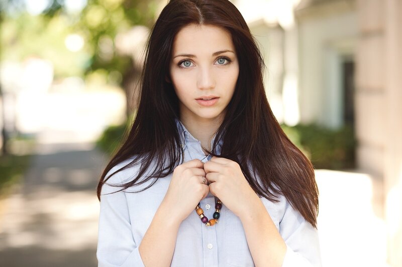 Woman with Long Brown Hair — Calm, Afternoon, Photograph, Necklace, Shirt