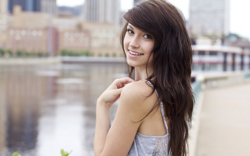 Woman with Long Brown Hair — Calm, Afternoon, Photograph, River, Buildings, Boat