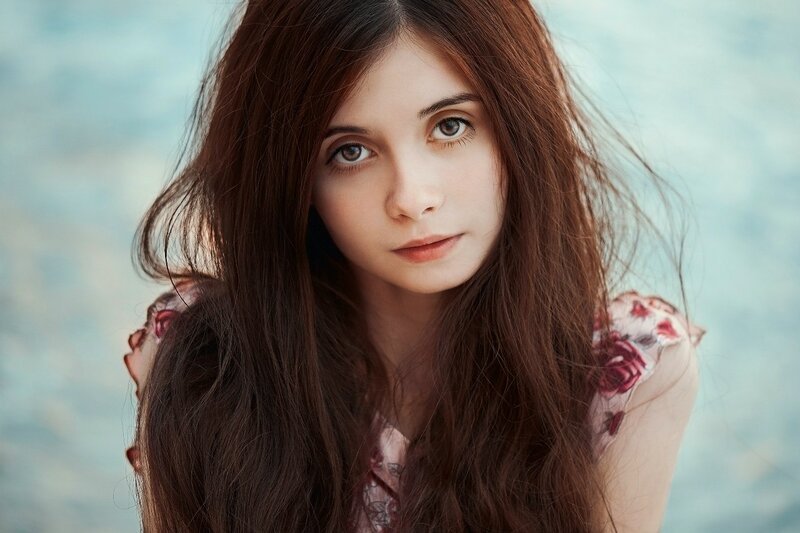 Woman with Long Brown Hair — Calm, Photograph, Flower Pattern
