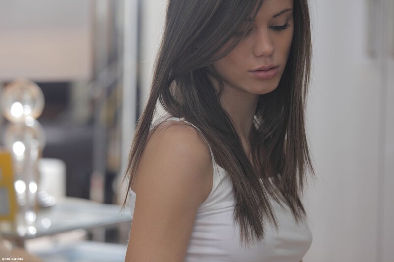 Woman with Long Brown Hair — Calm, Photograph, White Tank Top