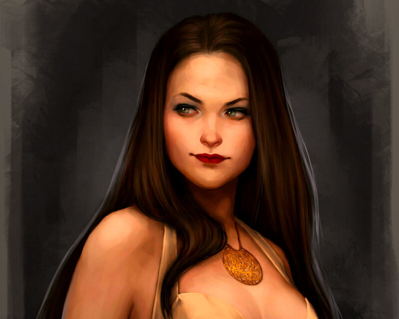 Woman with Long Brown Hair — Dramatic, Digital Art, Necklace