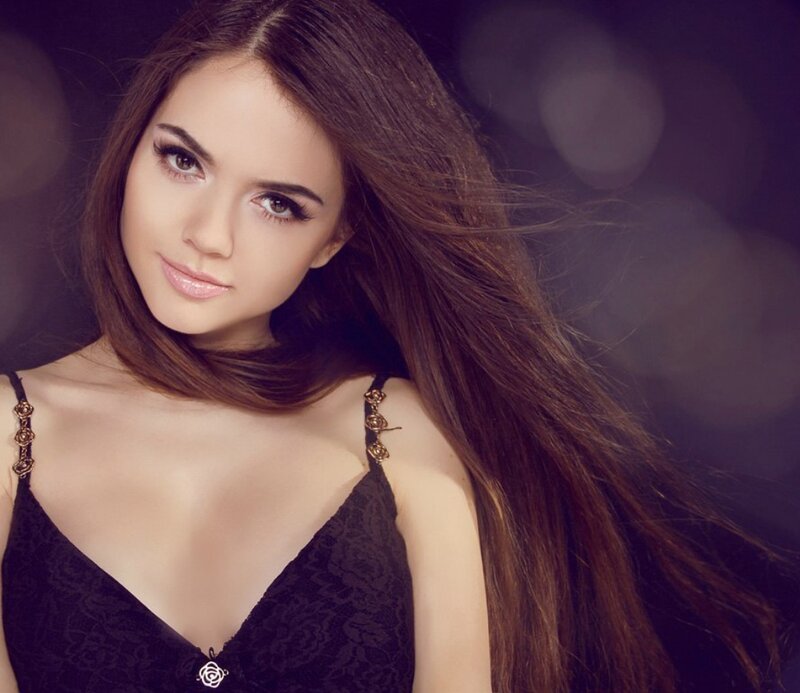 Woman with Long Brown Hair — Dramatic, Photograph, Black Lace Top, Makeup