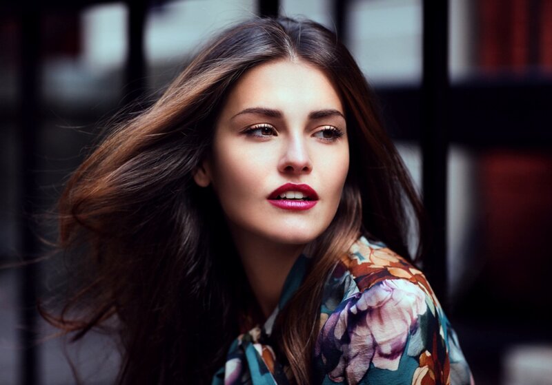 Woman with Long Brown Hair — Dramatic, Photograph, Flower Pattern Shirt