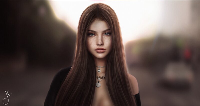 Woman with Long Brown Hair — Dramatic, Sunset, Digital Art, Necklace