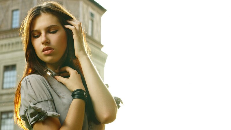 Woman with Long Brown Hair — Gray, Contemplative, Afternoon