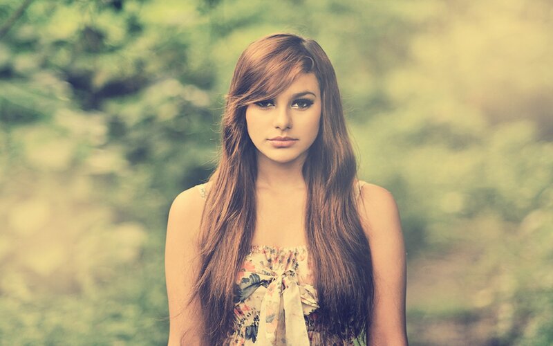 Woman with Long Brown Hair — Green, Serene, Afternoon, Photograph, Flower Dress