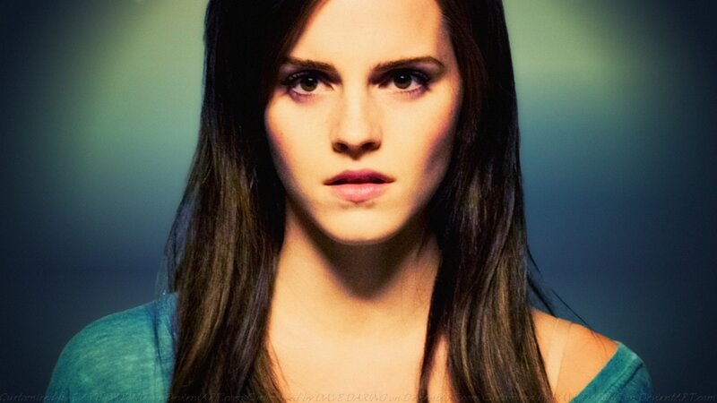 Woman with Long Brown Hair — Green, Serious
