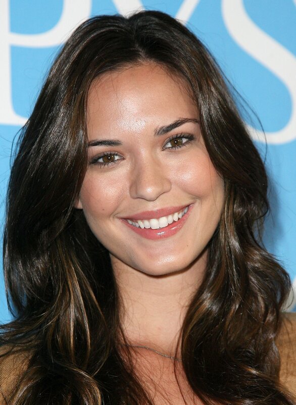 Woman with Long Brown Hair — Happy, Photograph, Smile, Blue Background