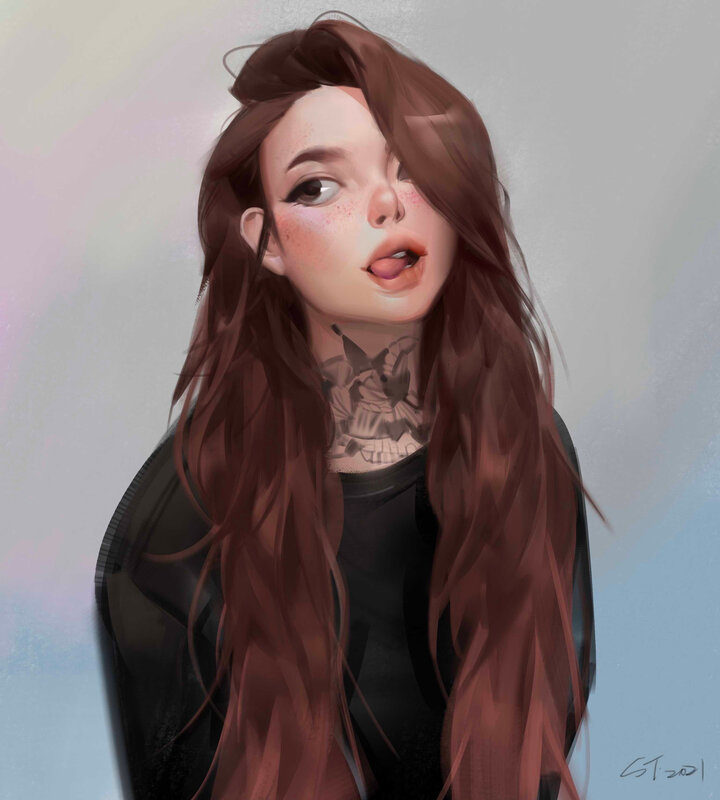 Woman with Long Brown Hair — Neutral, Digital Art, Tattoo