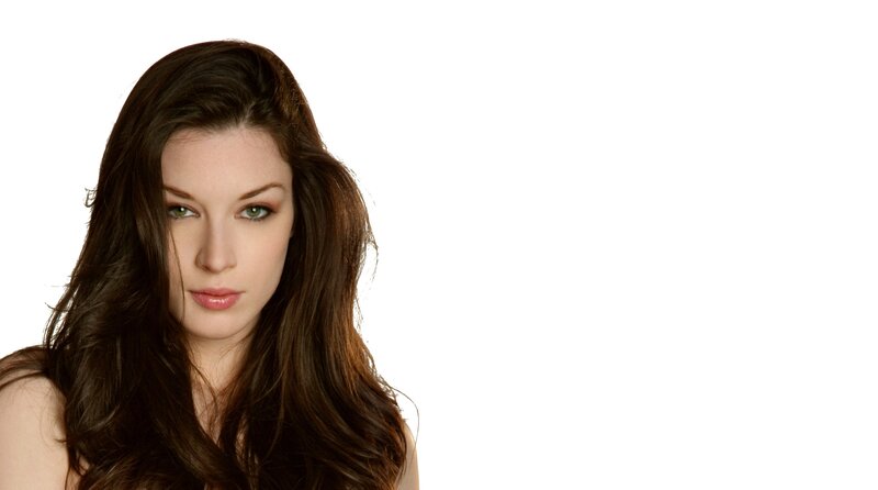Woman with Long Brown Hair — Neutral, Photograph, Green Eyes, White Background