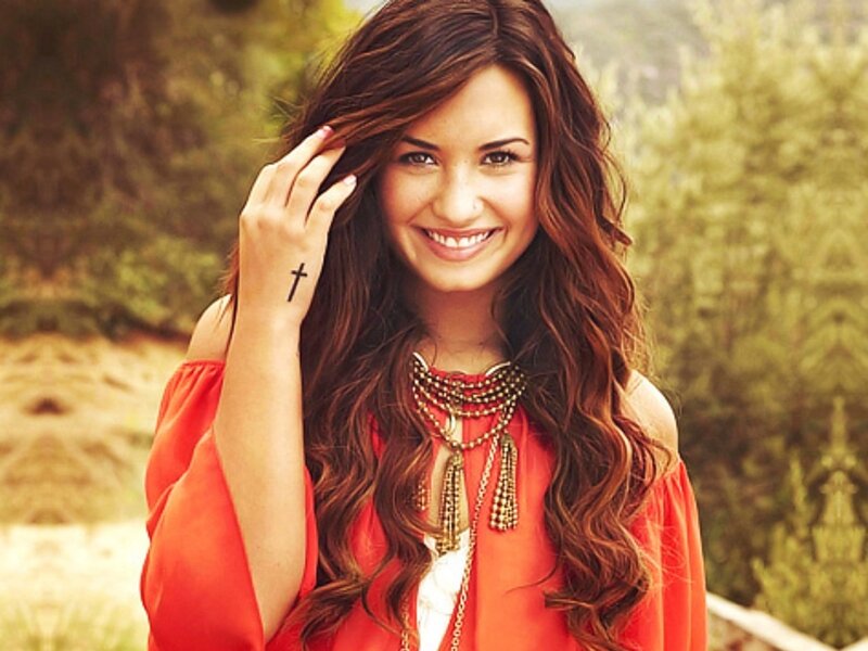 Woman with Long Brown Hair — Orange, Happy