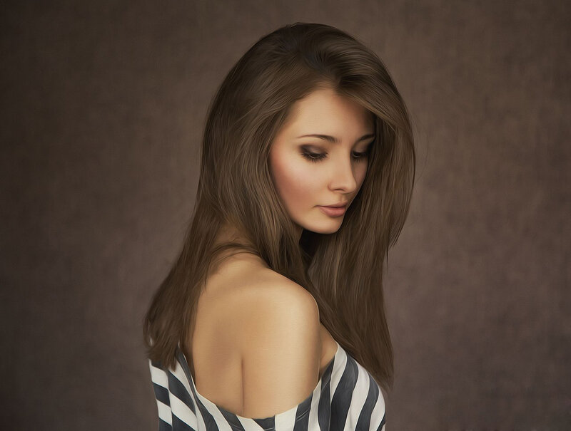 Woman with Long Brown Hair — Serene, Digital Art