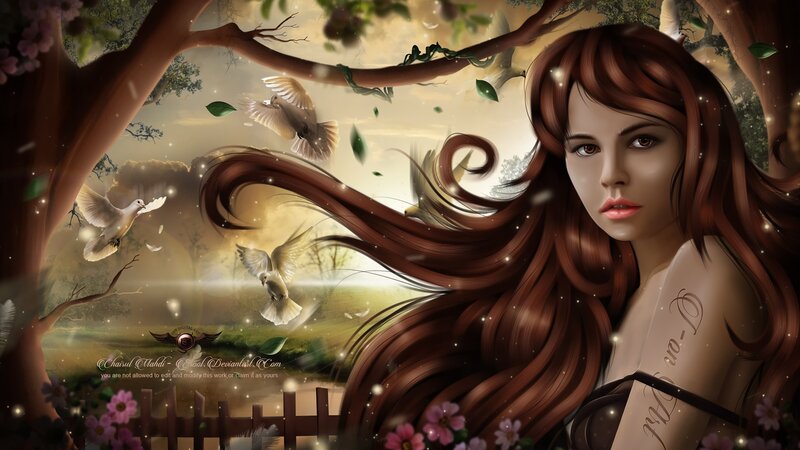 Woman with Long Brown Hair — Serene, Sunset, Digital Art