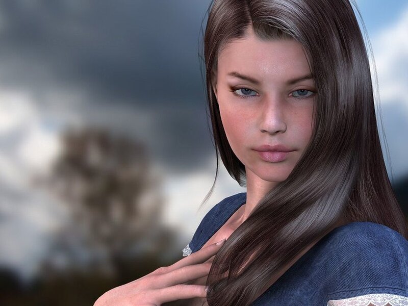 Woman with Long Brown Hair — Serious, 3d Render
