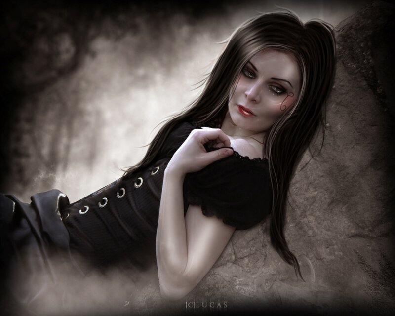 Woman with Long Dark Hair — Black, Dramatic, Digital Art, Black Top